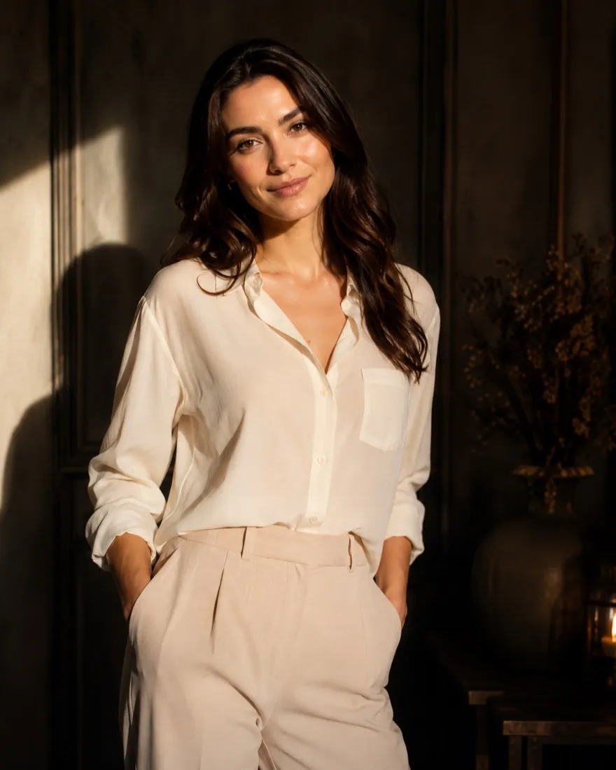 The persona in a cream silk shirt and linen trousers