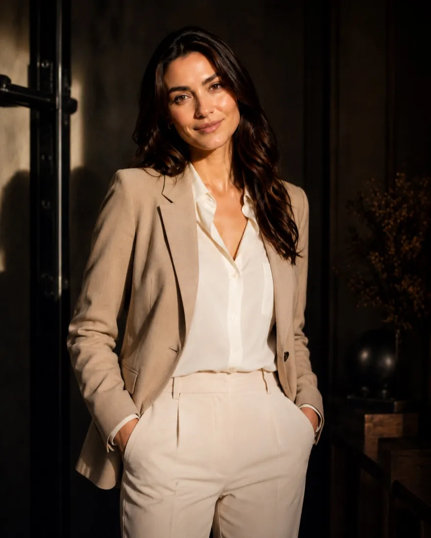 The persona in a beige tailored blazer and trousers