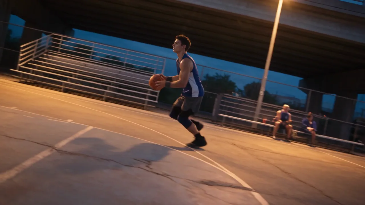 Red Bull spec action film — a streetball player in a blue jersey squaring up under an overpass at dusk