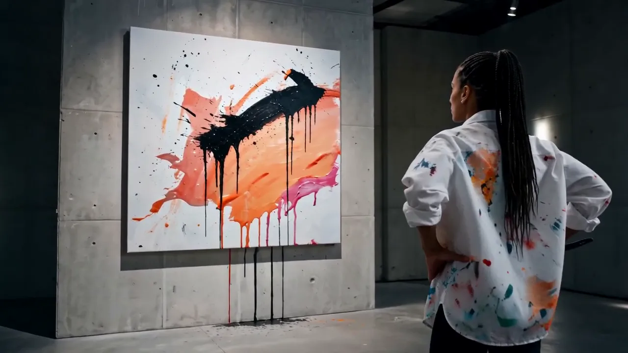 Red Bull Peach Edition spec film — a painter with braids facing a canvas of orange and black paint strokes