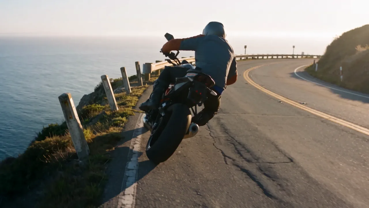 Red Bull Summer Edition spec action film — a motorcyclist leaning into a coastal switchback above the ocean at sunset