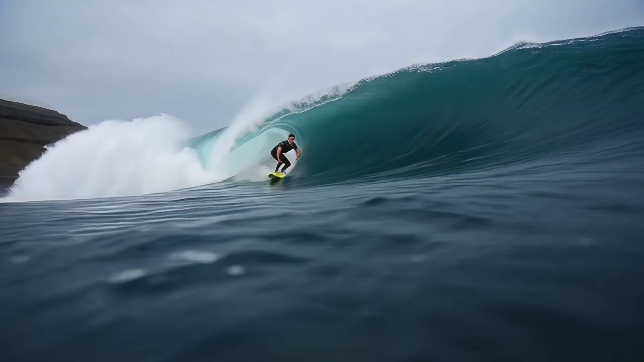 Red Bull spec action film — a surfer crouched inside a cold-water barrel on a lime-green board