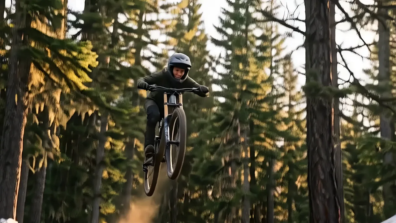 Red Bull Zero spec action film — a downhill mountain biker airborne between sunlit pine trees