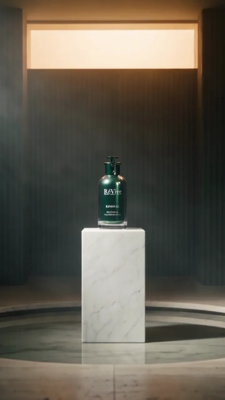 RéVive product b-roll. The dark green Renewal Rescue Elixir Oil bottle on a white marble plinth in a dark stone chamber lit from above