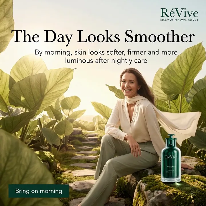 RéVive Motion Magic ad. The "The Day Looks Smoother" static ad in motion: a woman in cream sitting among giant sunlit leaves, headline set above