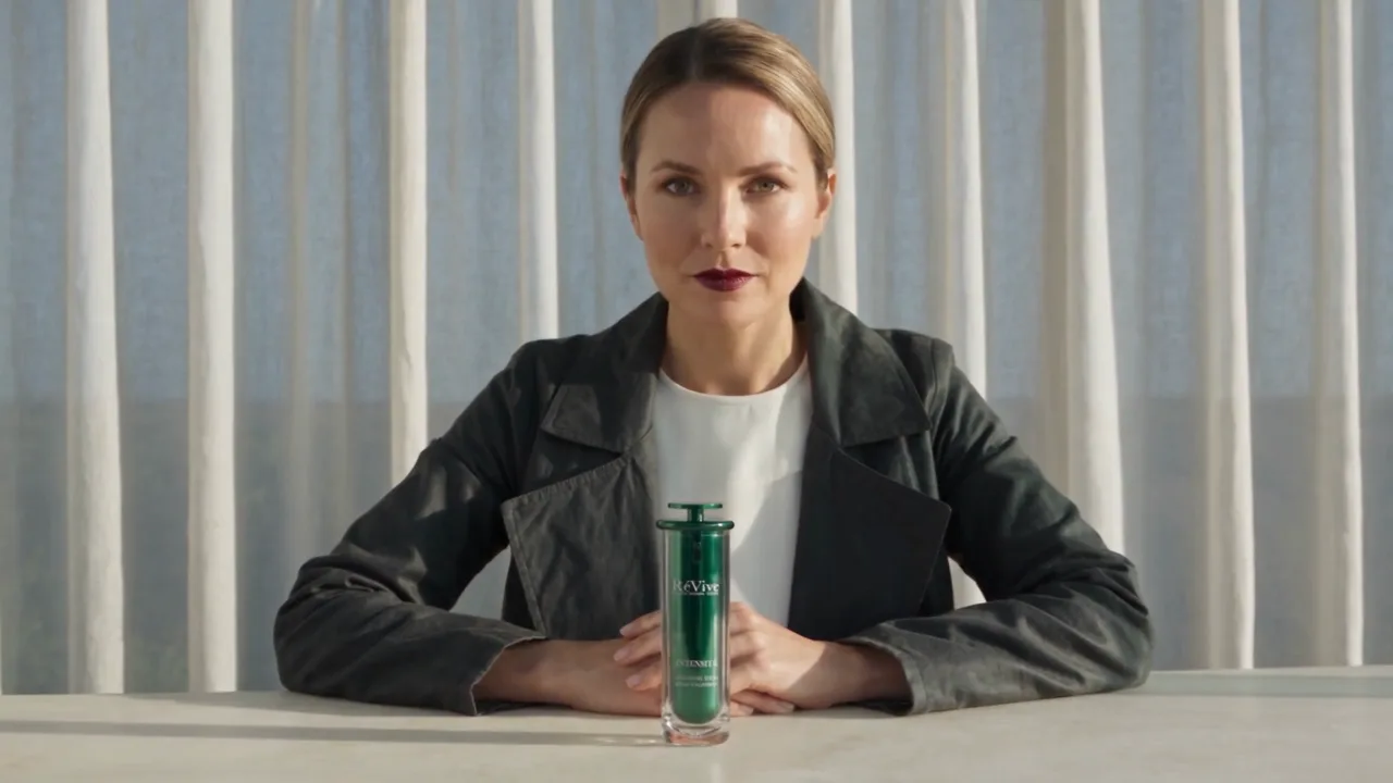 RéVive Intensité spec beauty film — a woman seated at a stone table with the serum, sheer curtains behind her