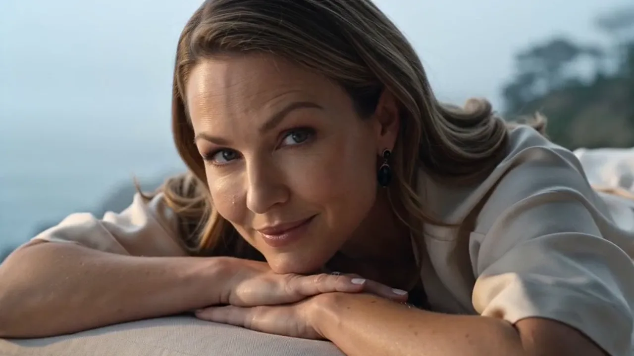 RéVive spec beauty film — a smiling woman resting her chin on her hands on a terrace above the ocean