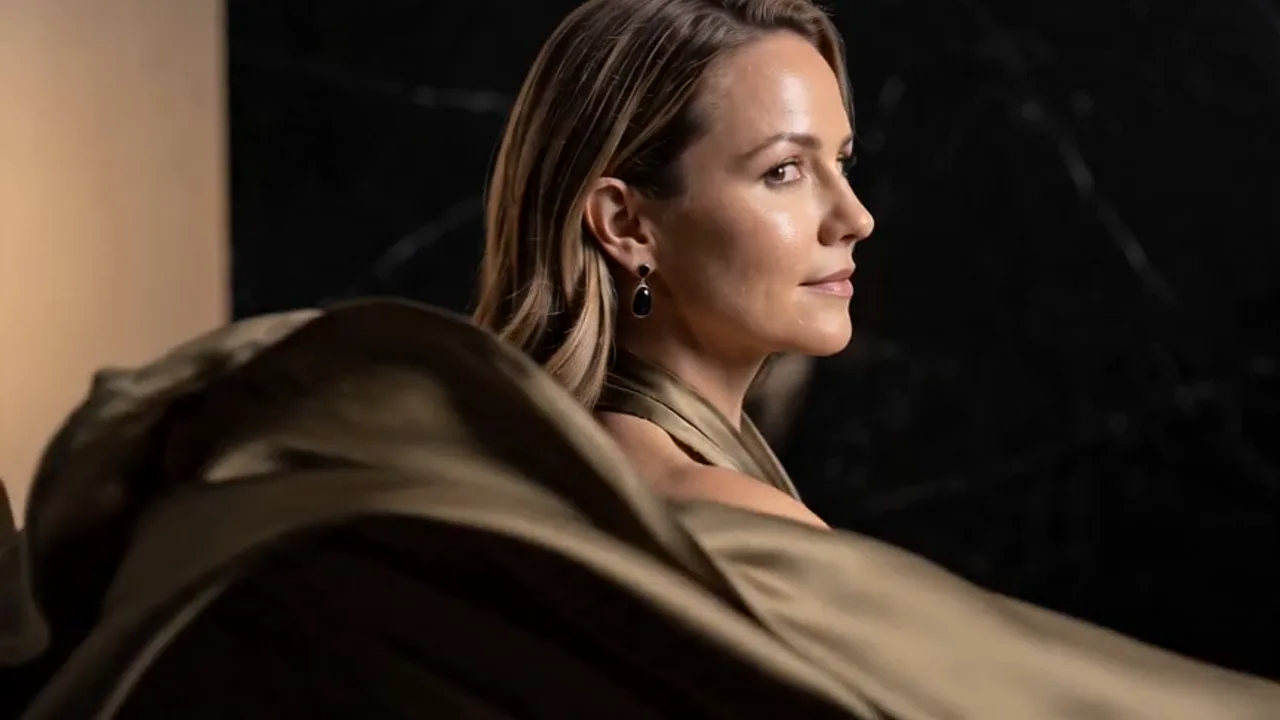 RéVive spec beauty film — a woman in a gold satin dress glancing over her shoulder against black marble