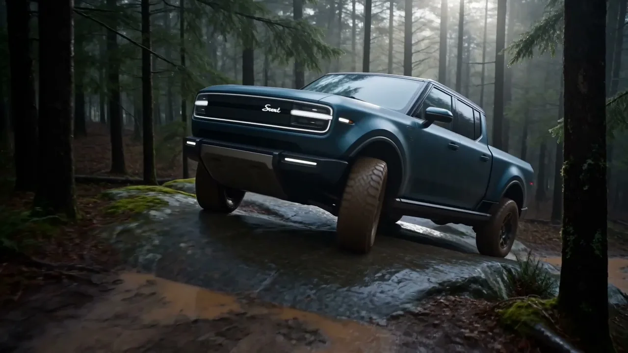 Scout Motors spec automotive film. A dark teal Scout Terra pickup navigating a muddy, rain-soaked forest trail