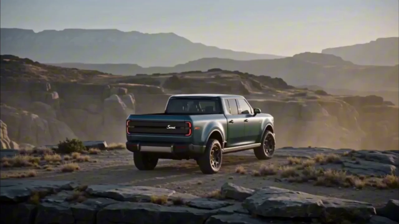Scout Motors spec automotive film. A dark-green Scout Terra pickup parked on a high canyon rim at dawn, mountain haze behind