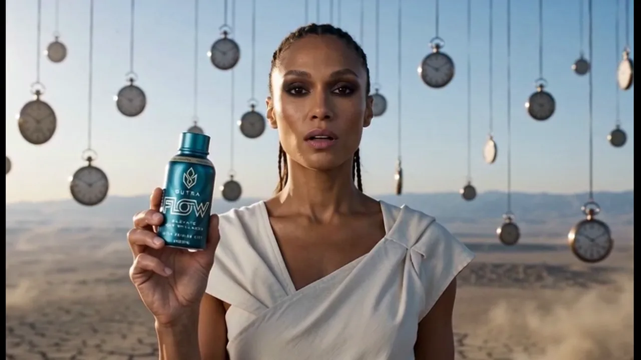 Sutra Flow spec wellness ad. A woman holding the teal Flow shot bottle before a wall of pocket watches hanging over the desert