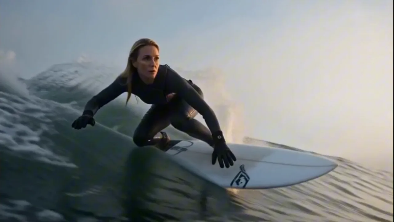 Sutra Flow spec wellness film. A surfer in a black wetsuit crouched low on a glassy dawn wave