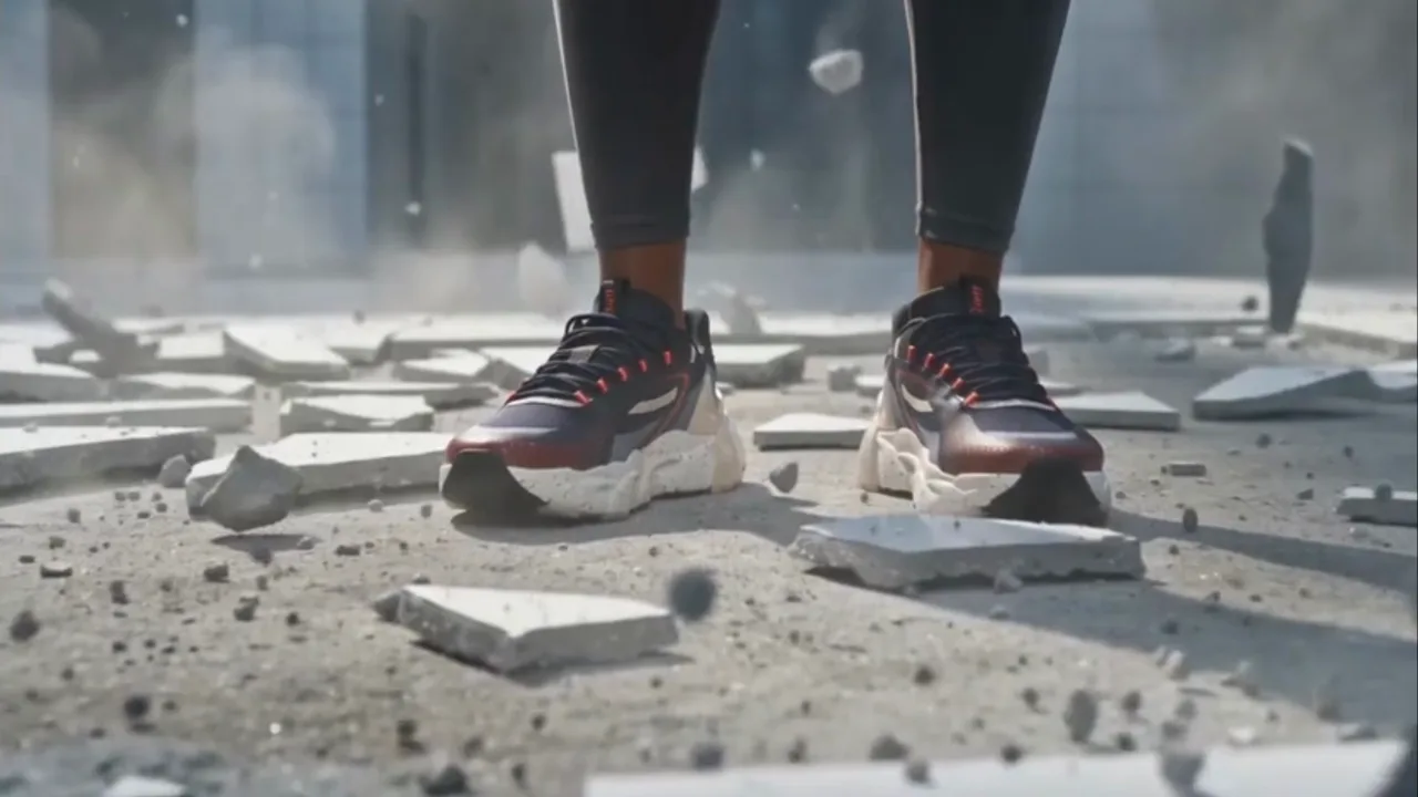 Under Armour spec film. An athlete in black training gear standing firm as white floor tiles shatter and rise around her shoes
