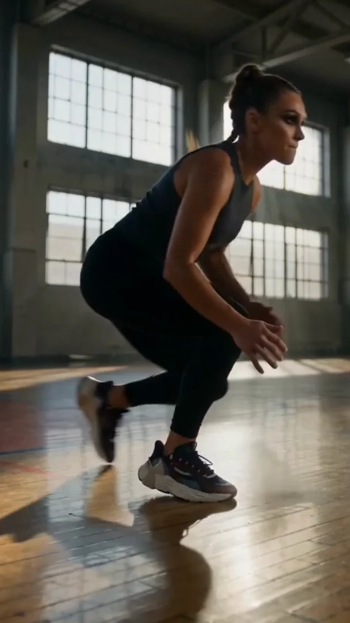 Under Armour spec training ad. A woman in black training gear planting a low shuttle cut on an old gym court in navy-and-red HB Trainer shoes