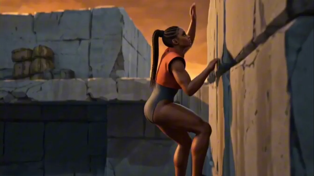 Under Armour animated spec ad. A stylized 3D climber in an orange top scaling giant sunset-lit stone blocks