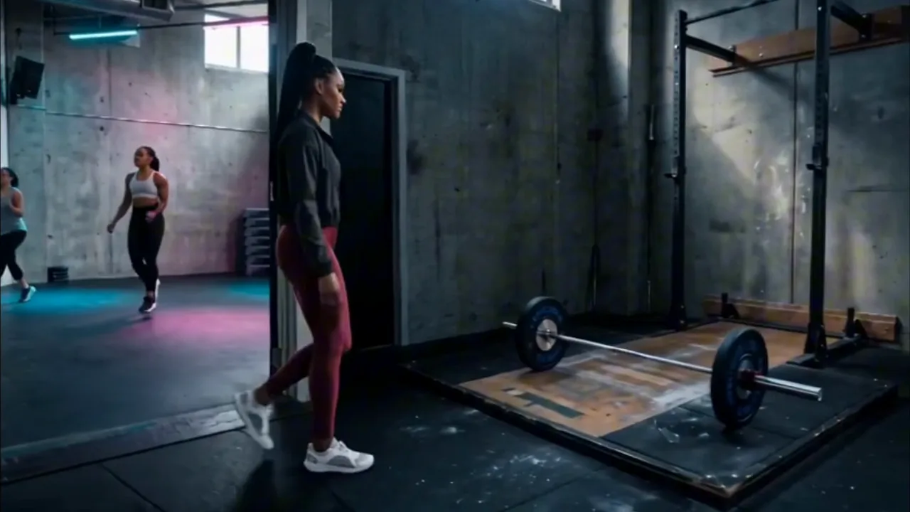 Under Armour HeatGear spec film. A woman in maroon leggings and a dark jacket walking toward a loaded barbell in a concrete gym corner