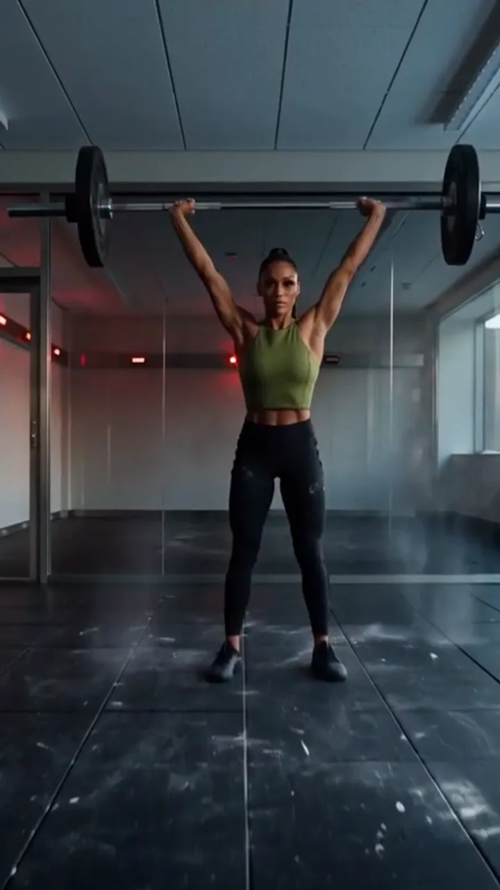 Under Armour Meridian Mesh spec ad. A woman in an olive-green crop top and black leggings holding a barbell overhead in a glass-walled studio gym, chalk dust in the air