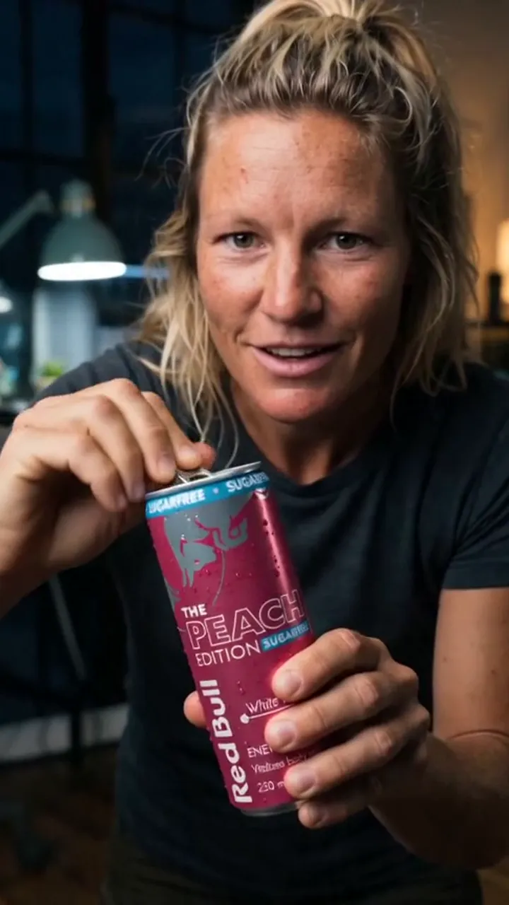 AI UGC ad for Red Bull Peach Edition — a video editor at a dark desk holding the pink can toward her phone camera