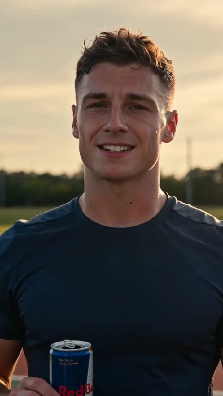 AI UGC ad for Red Bull — a runner in a navy tee at a track holding a can up to his phone camera at golden hour