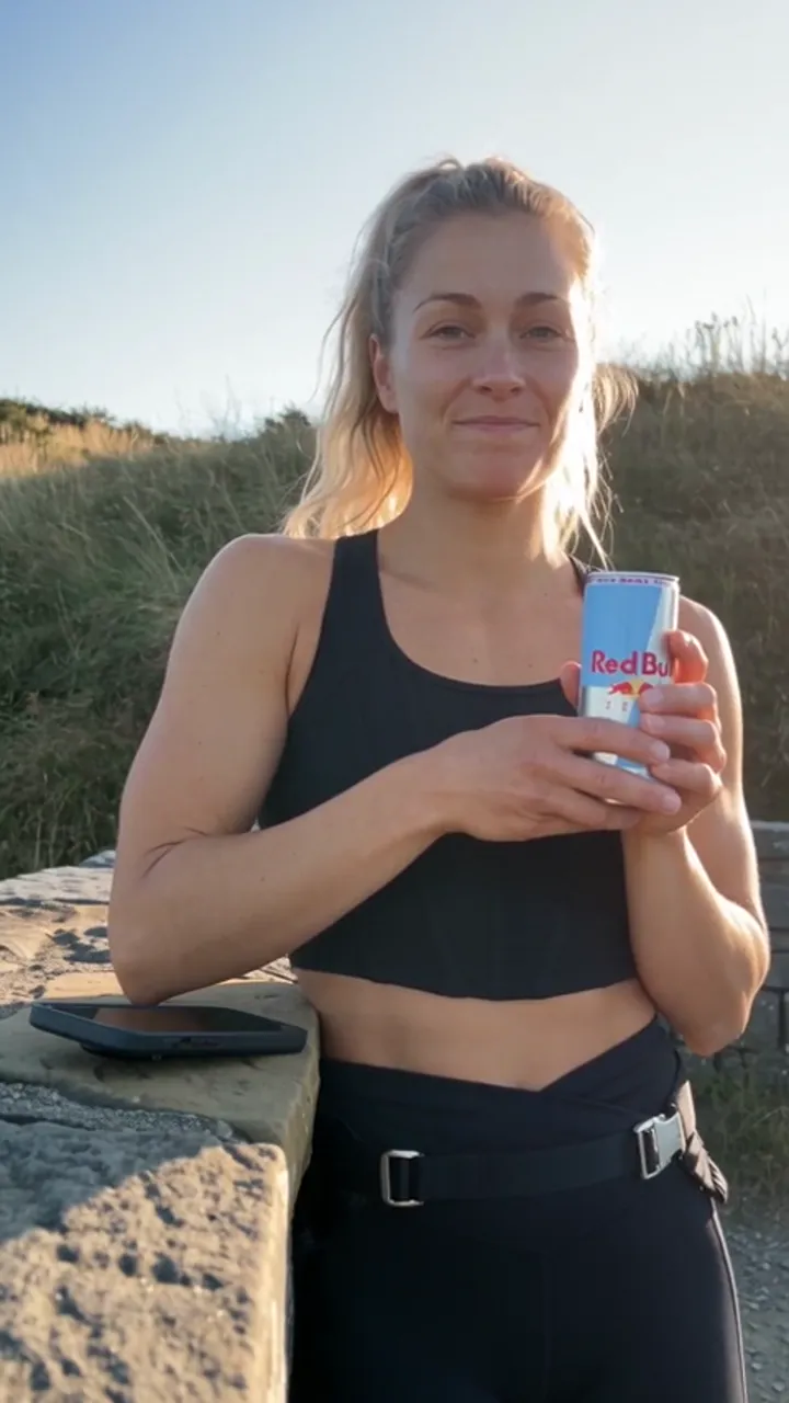AI UGC ad for Red Bull Zero — a woman in a black sports top on a sunlit hillside holding the light-blue can