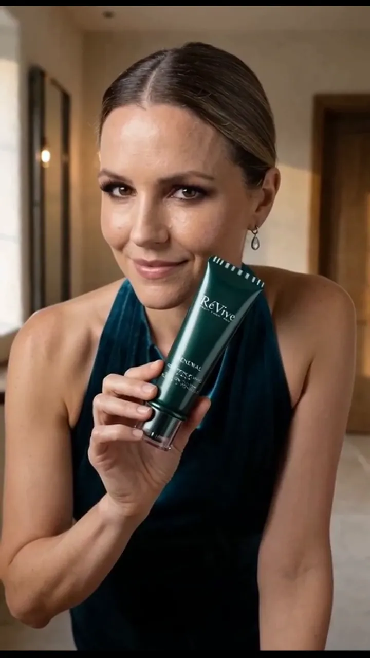 AI UGC skincare ad. A woman in a teal velvet dress holding the green RéVive cleanser tube up to the camera in a warm-lit room