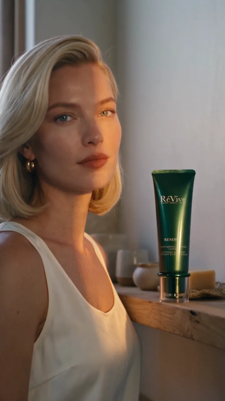 AI vertical skincare ad — a woman with a blonde bob beside a window at sunset with the RéVive cleanser on the shelf