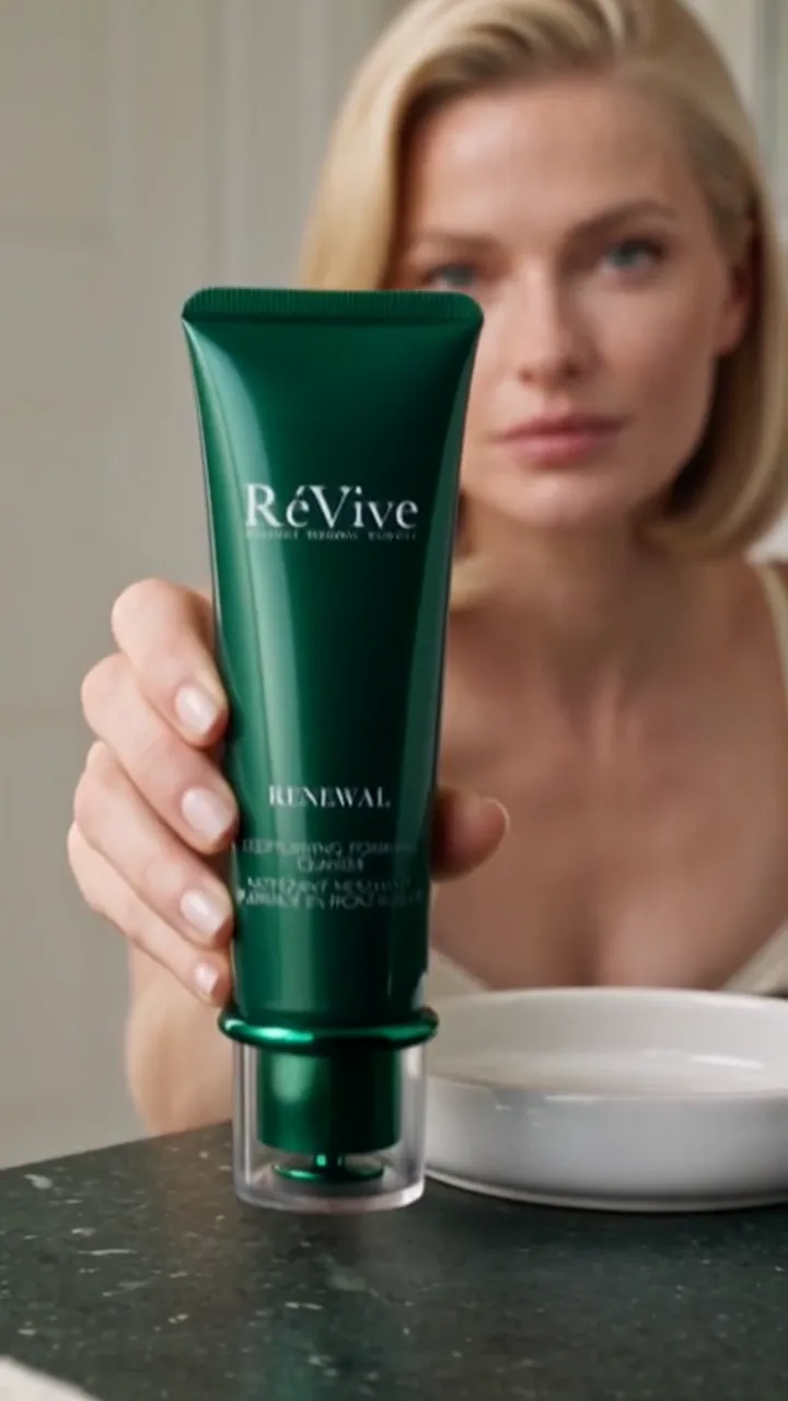 AI UGC skincare ad — a blonde woman in a white dress holding the green RéVive cleanser tube toward the camera
