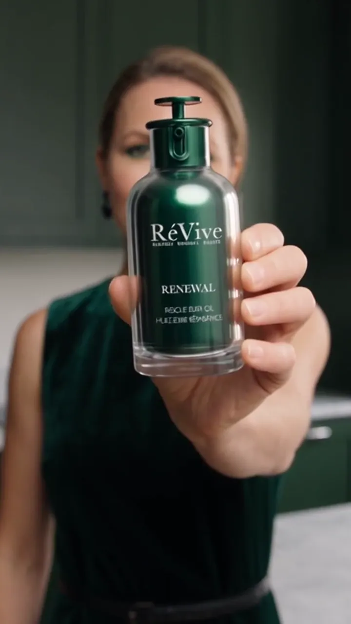 AI UGC skincare ad — a woman in a dark green velvet top in a green kitchen holding the RéVive elixir oil bottle