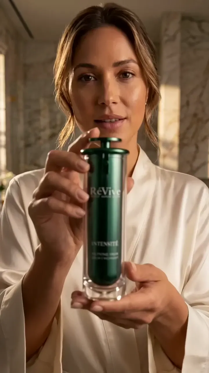 AI UGC skincare ad — a woman in a cream robe in a marble bathroom holding the green Intensité serum