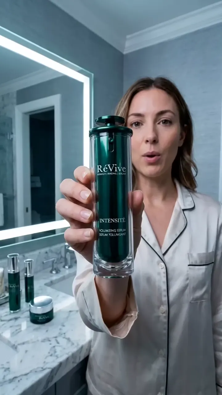 AI UGC skincare ad — a woman in white pyjamas holding the green Intensité serum up to her bathroom mirror