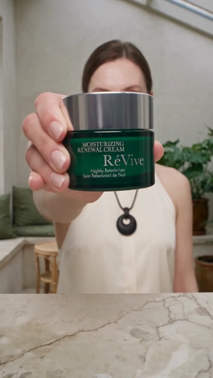 AI UGC skincare ad — a woman in a cream halter top holding the RéVive renewal cream jar out to the camera