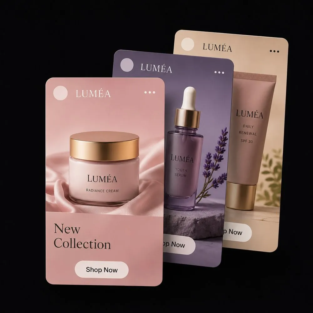 Three skincare ad variations stacked as cards — radiance cream, youth serum and daily renewal SPF, each with its own Shop Now button