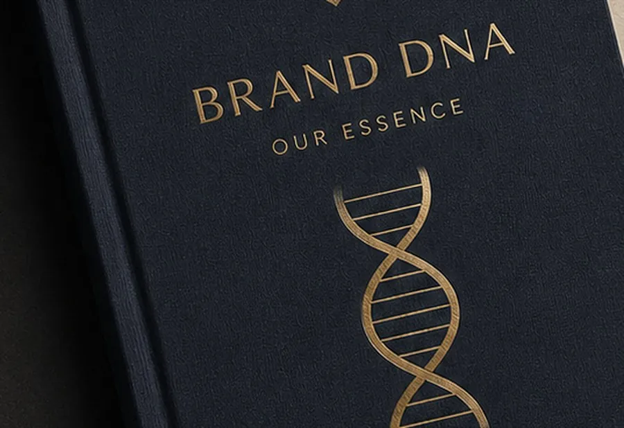A navy brand book stamped in gold foil — "Brand DNA · Our Essence" above a DNA helix