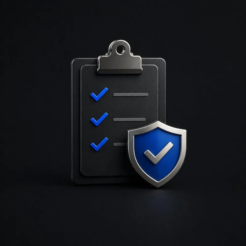 A brand-rules checklist ticked off on a clipboard, backed by a shield carrying a checkmark