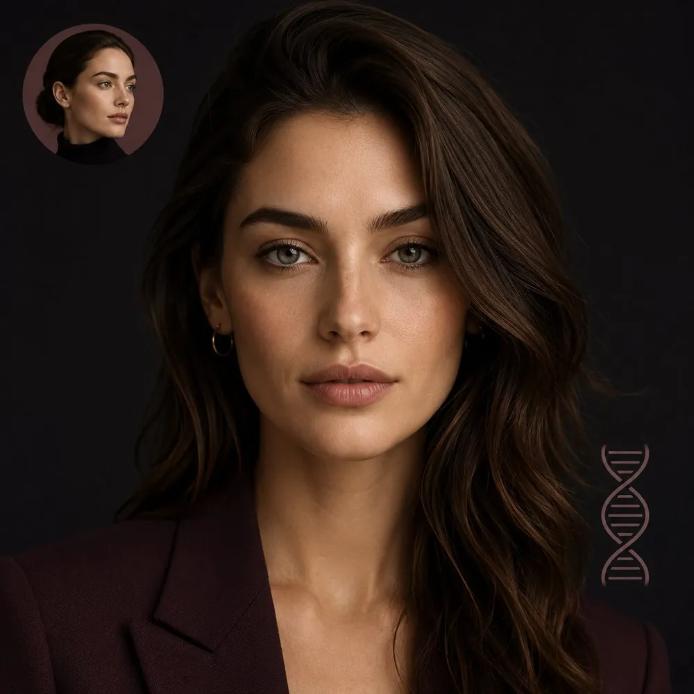 An AI spokesmodel in a burgundy blazer, with a profile inset showing the same face held identical across shots