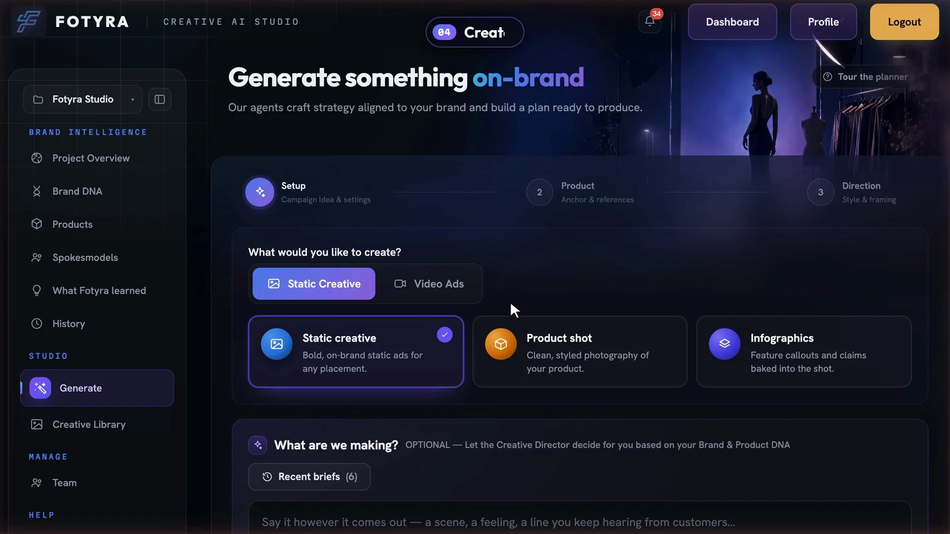 The Create page in Fotyra Studio: Generate something on-brand, with Static Creative, Product shot and Infographics