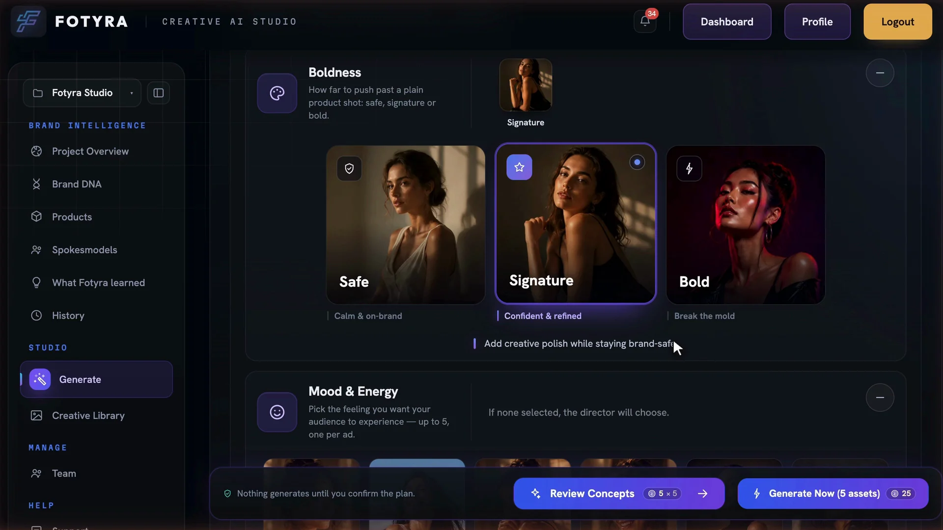 The Boldness control in Fotyra Studio with three pictured options: Safe, Signature and Bold