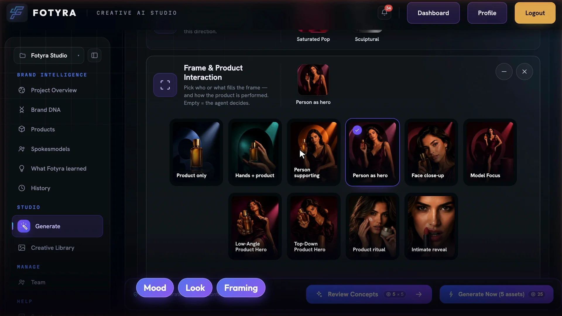 The Frame & Product Interaction control, with options from product only to person as hero
