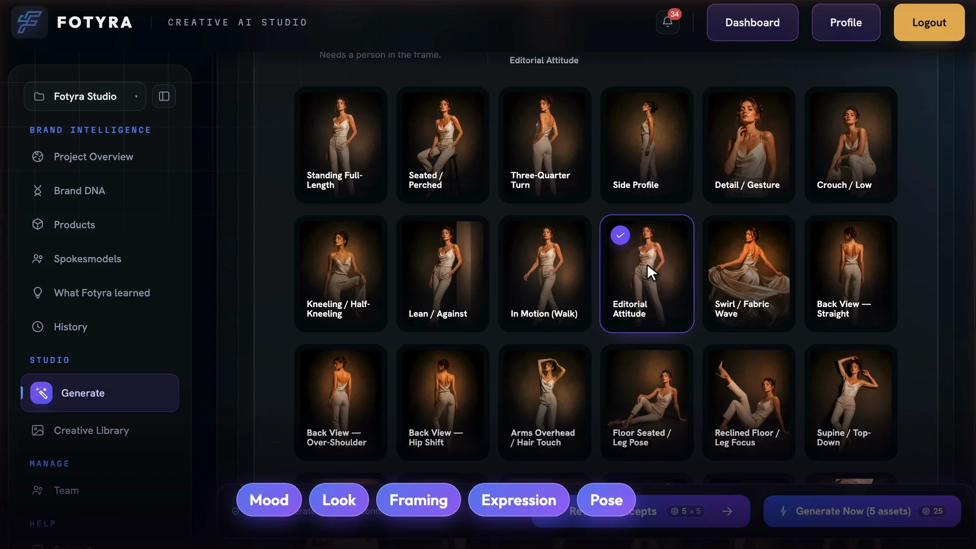Body posture options in Fotyra Studio, from standing full length to floor seated