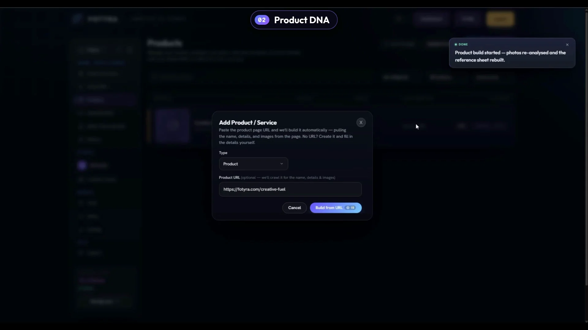 The Add Product dialog in Fotyra Studio with a product page URL pasted in