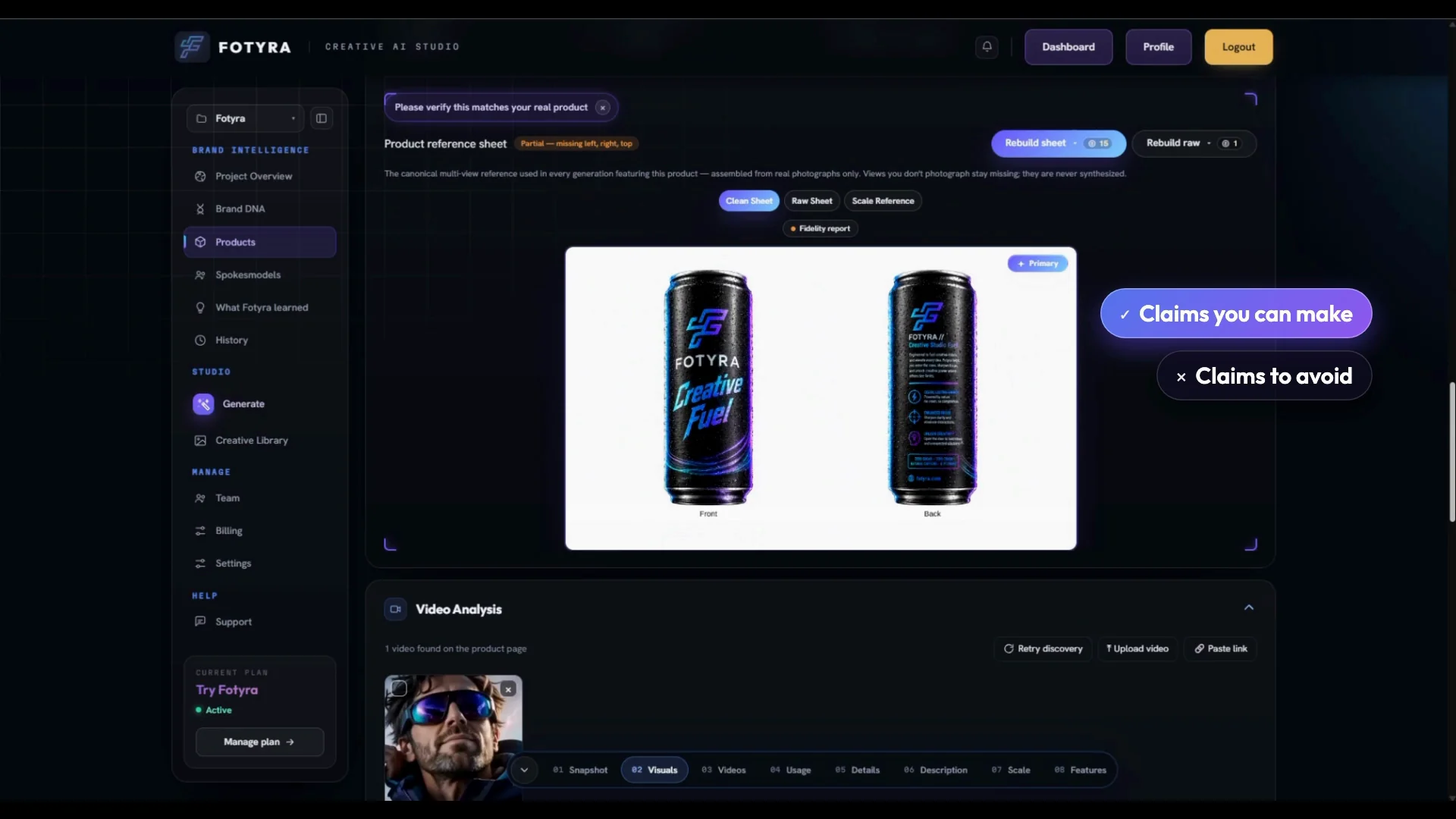 The product reference sheet for Creative Fuel in Fotyra Studio, front and back of the can, with Claims you can make and Claims to avoid