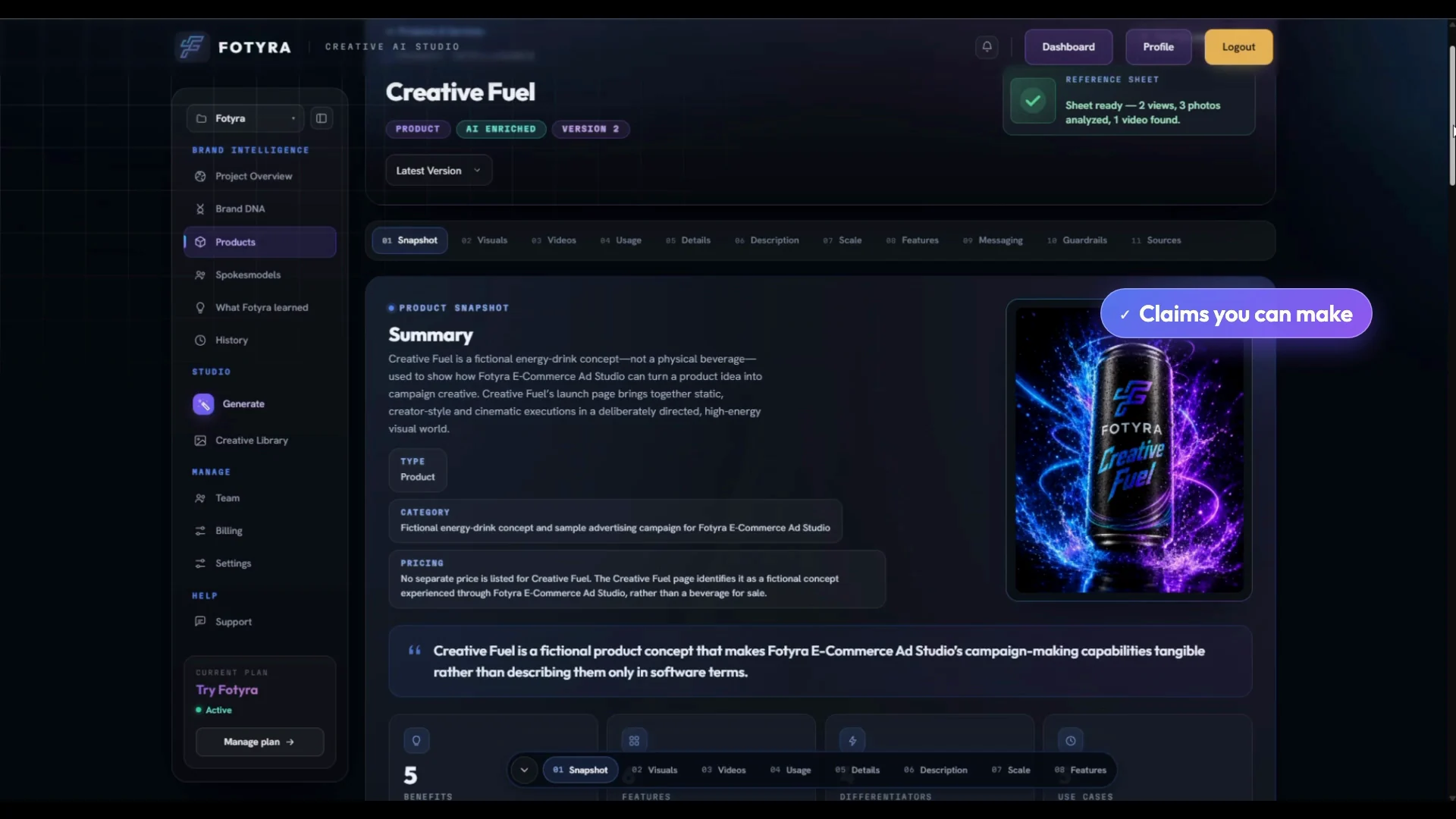 The Product Snapshot for Creative Fuel, with its summary, category and pricing notes