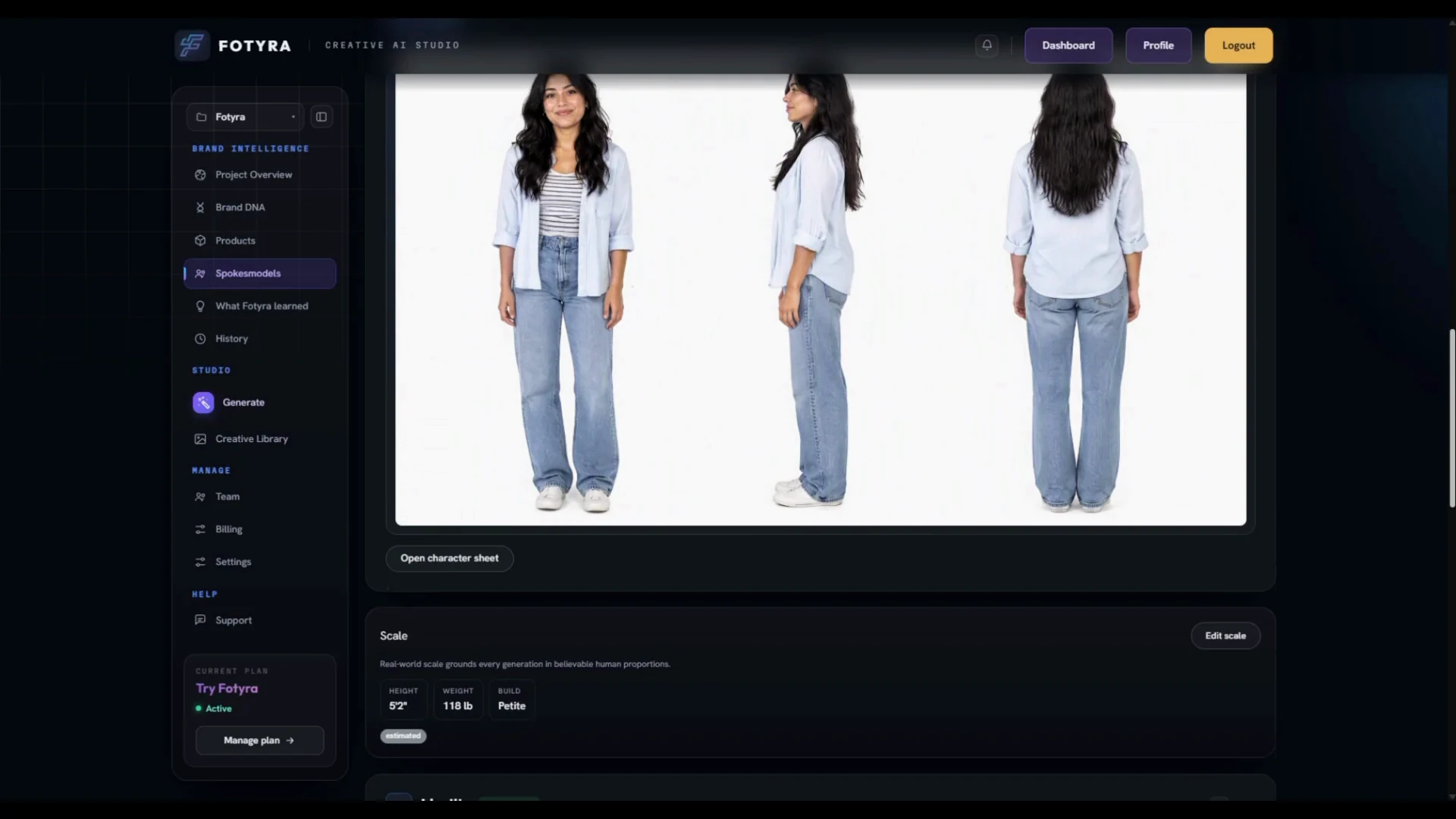A spokesmodel's reference sheet in Fotyra Studio: the same woman from the front, the side and the back