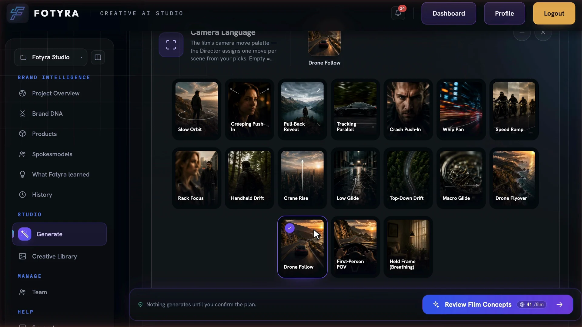 The Camera Language control, a grid of pictured camera moves such as Slow Orbit, Crane Rise and Drone Follow