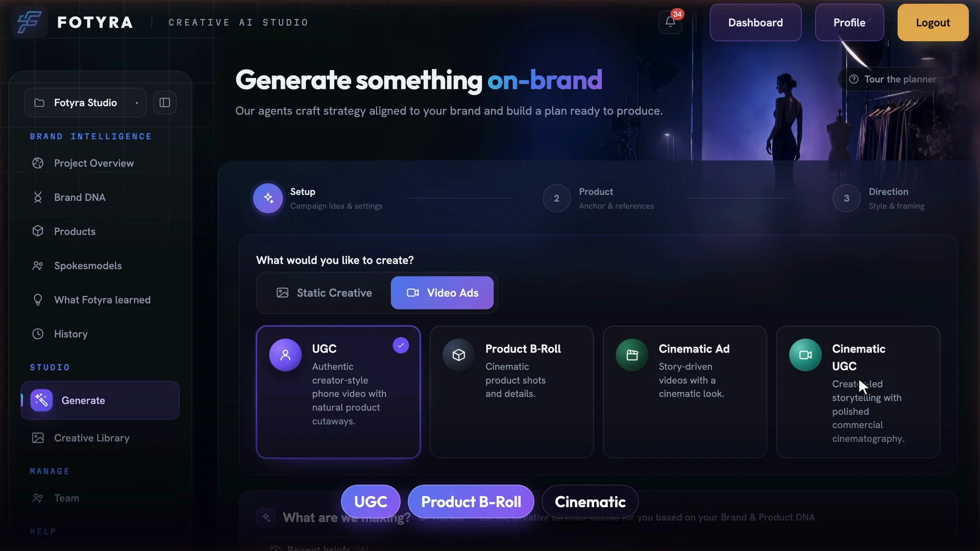 The Video Ads tab of the Create page with four formats: UGC, Product B-Roll, Cinematic Ad and Cinematic UGC