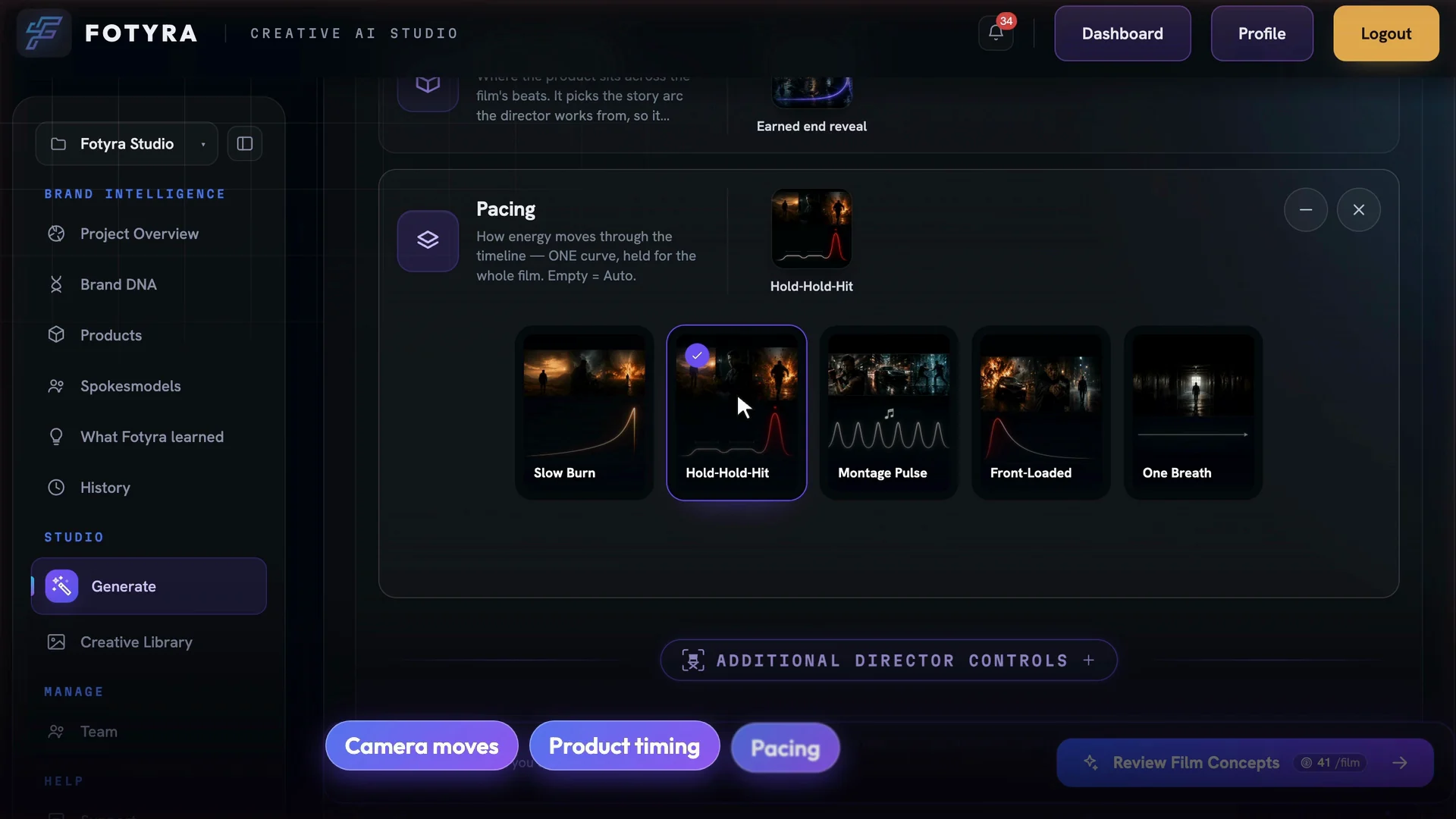 The Pacing control with Slow Burn, Hold-Hold-Hit, Montage Pulse, Front-Loaded and One Breath